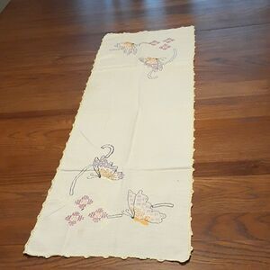 Vintage cross stitched embroidery butterflies flowers table runner w/tatted edge